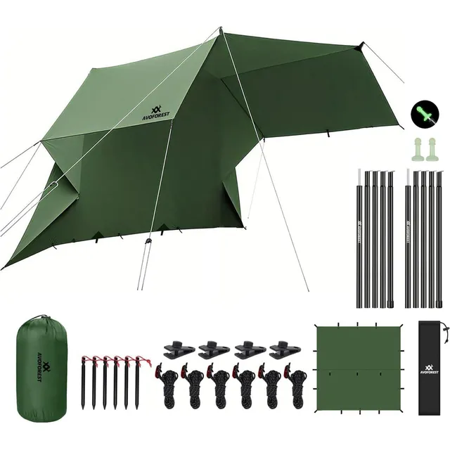 AVOFOREST Tarp 3 × 3 m mit Zeltstangen – mit 2 Edelstahl-Stangen 190 cm