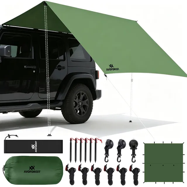 AVOFOREST 10 × 10 ft Waterproof Camping Tarp – Bright green · 10 × 10 ft, 3 car suction cups