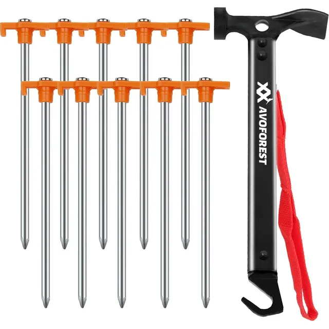 AVOFOREST Martillo de camping + 10 piquetas – Naranja · 10 piezas · 18 cm