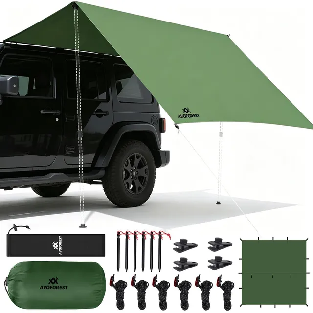 AVOFOREST 10 × 10 ft Waterproof Camping Tarp – Dark green · 10 × 10 ft, 4 tarp clips