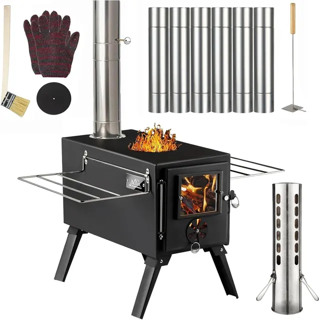 AVOFOREST Compact Tent Stove with Quartz Glass – Stove + 7 chimney sections
