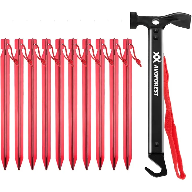 AVOFOREST Martillo de camping + 10 piquetas – Rojo · 10 piezas · 18 cm