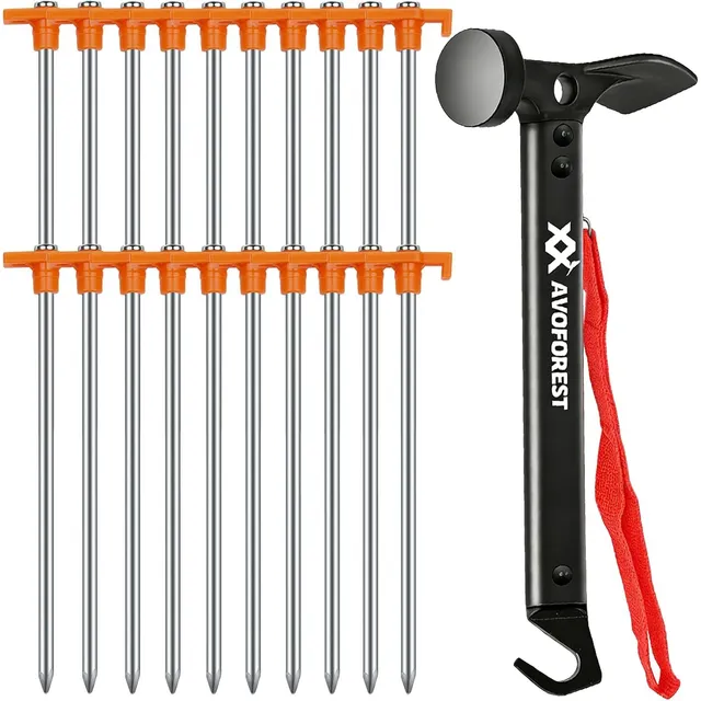 AVOFOREST Tent Stakes & Camping Hammer – Black · 20 pcs · 7.1 in